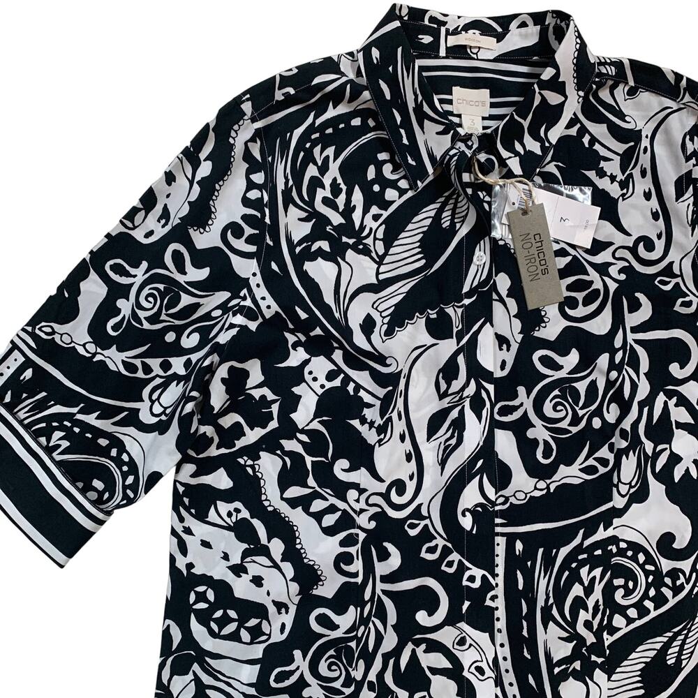 NWT Chico’s No-Iron 100 Percent Cotton Black and White Button Down  Top Size 16